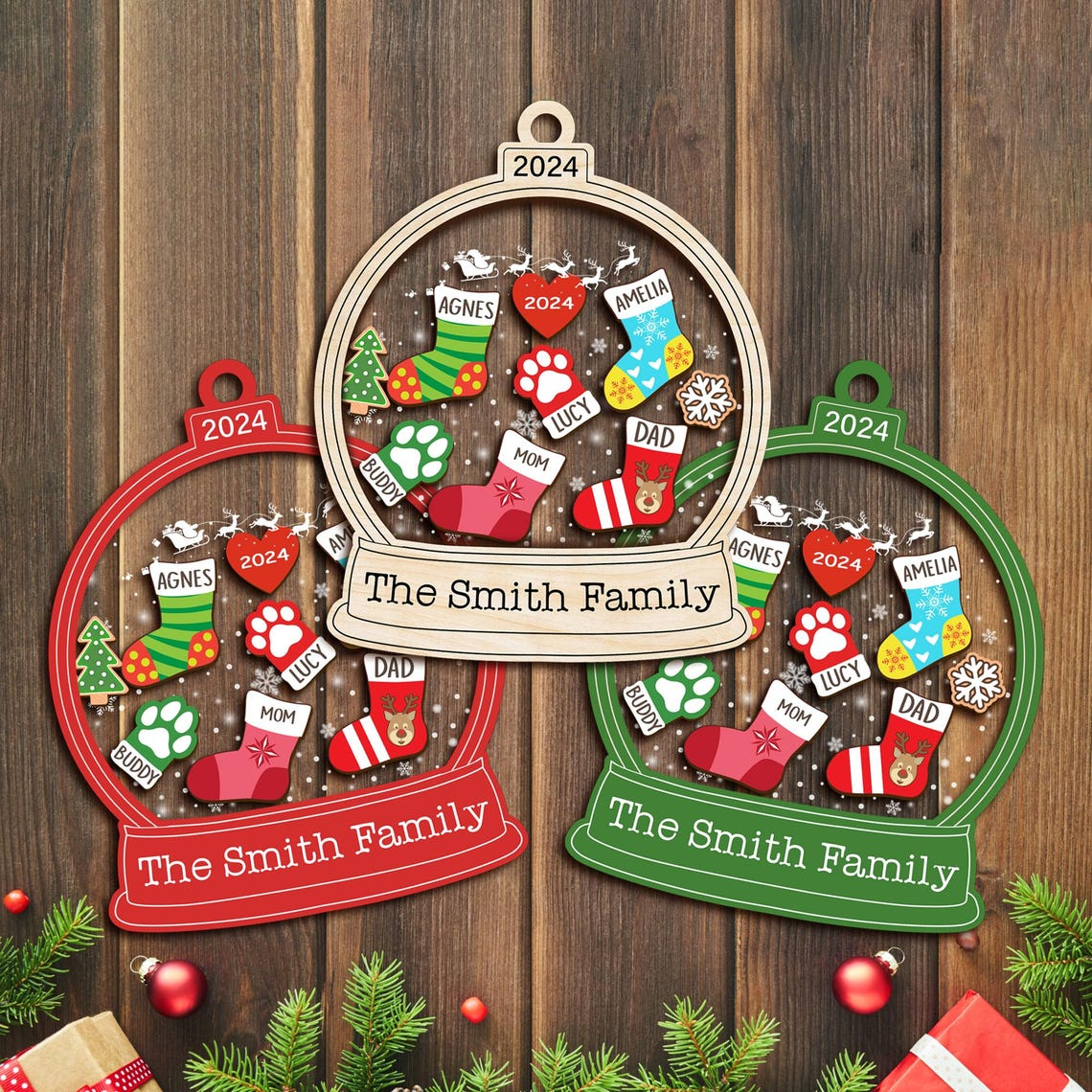 Personalized Family Stocking Ornament 2024 Christmas, Customize Family Christmas Stockings Shaker Ornament, Family and Pet Ornament Keepsake